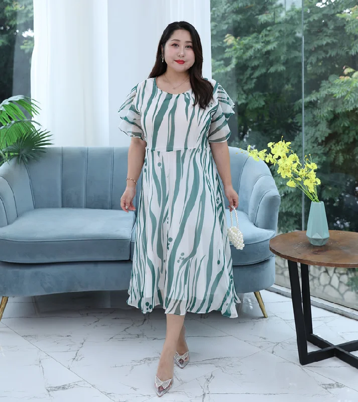 Plus Size Zebra White Green Flutter Sleeve Chiffon Dress