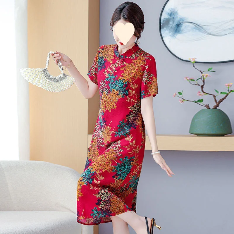 (XL-5XL) Plus Size Printed Short Sleeve Qipao Dress