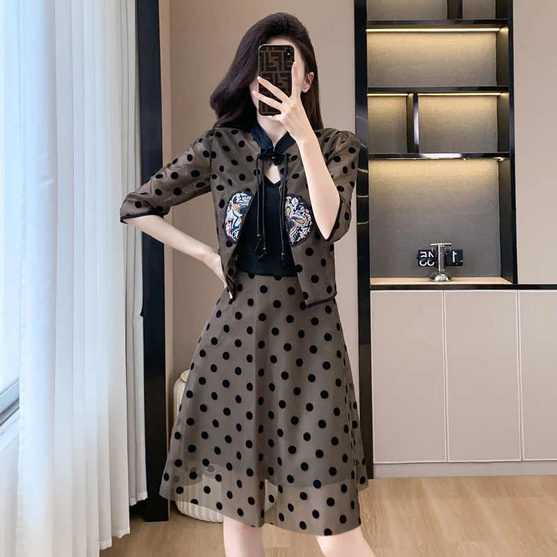 Plus Size Polka Dots Qipao Jacket and Dress Set