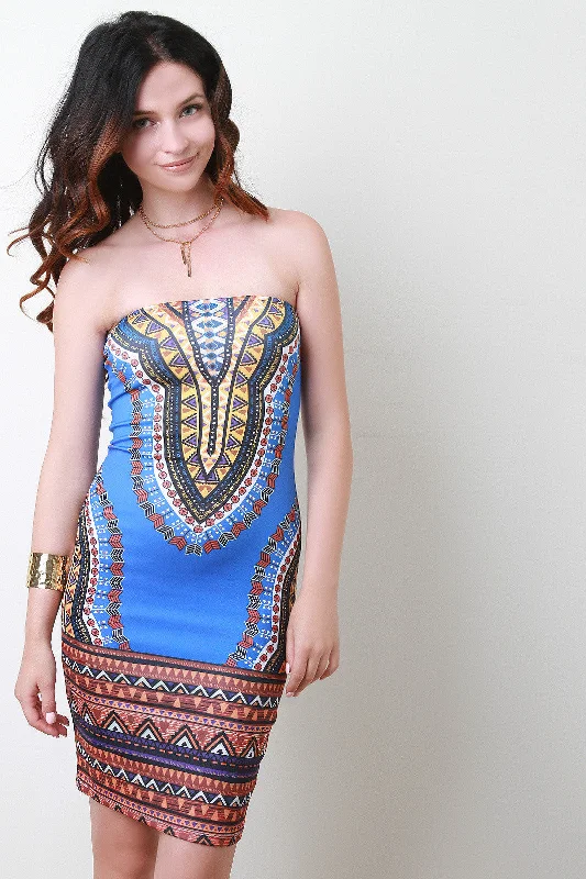 Dashiki Print Strapless Bodycon Dress