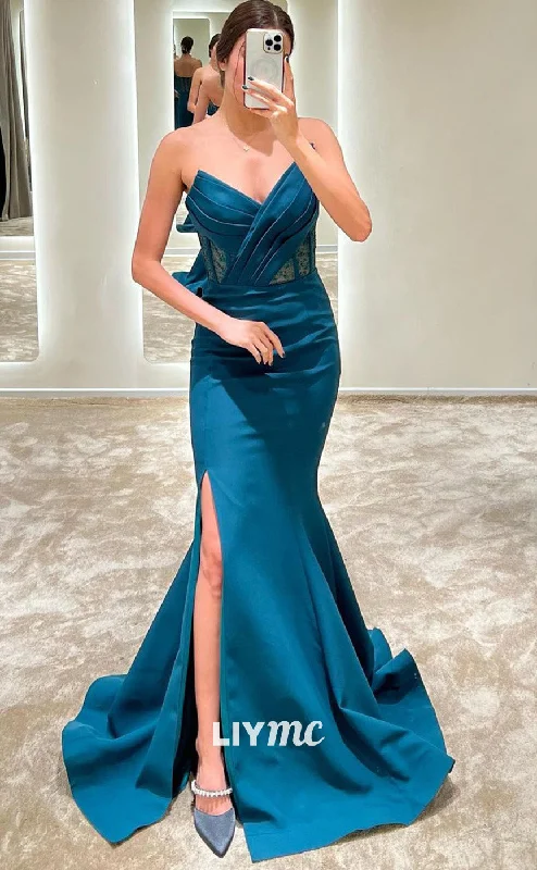 LP1833 - V-Neck Sleeveless Pleated Satin Beaded Sheer Bodycon Mermaid Prom Dress