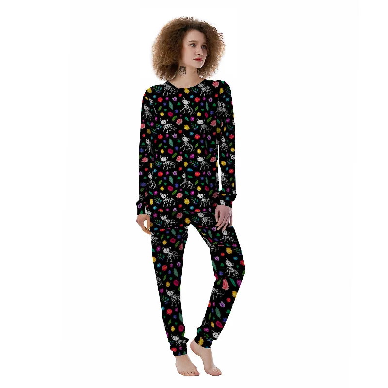 Calavera Cat Skeleton Print Pattern Women's Pajamas