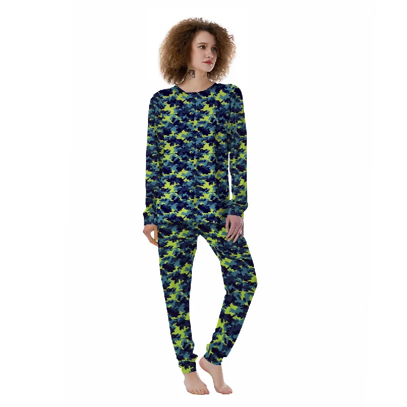 Camouflage Blue And Neon Green Print Pattern Women's Pajamas