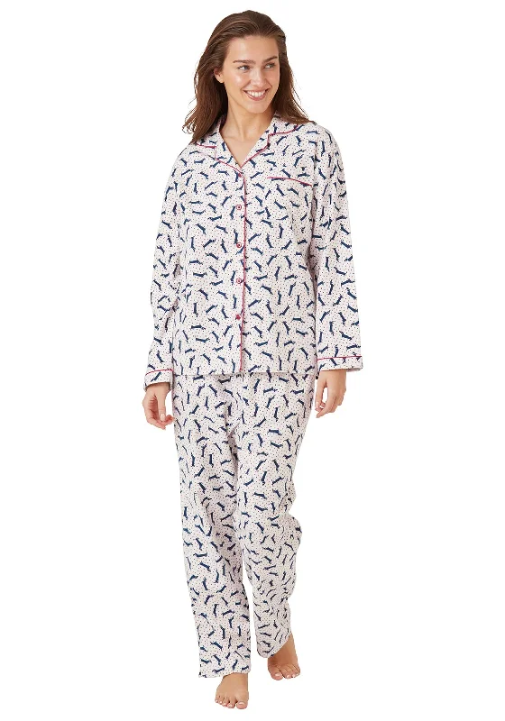 Indigo Sky Brushed Cotton Dachshund Print Pyjama Set, Ivory