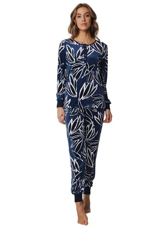 Pastunette Leaf Print Long Sleeve Pyjama Set, Navy