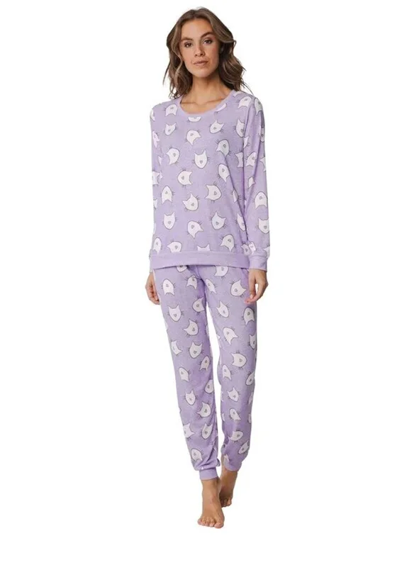 Rebelle Cat Print Long Sleeve Pyjama Set, Lilac