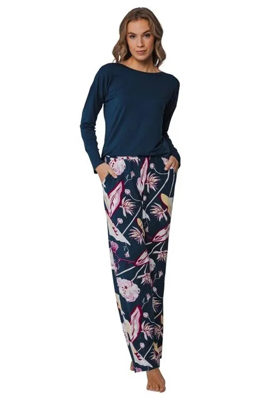 Pastunette Premium Floral Long Sleeve Pyjama Set, Navy