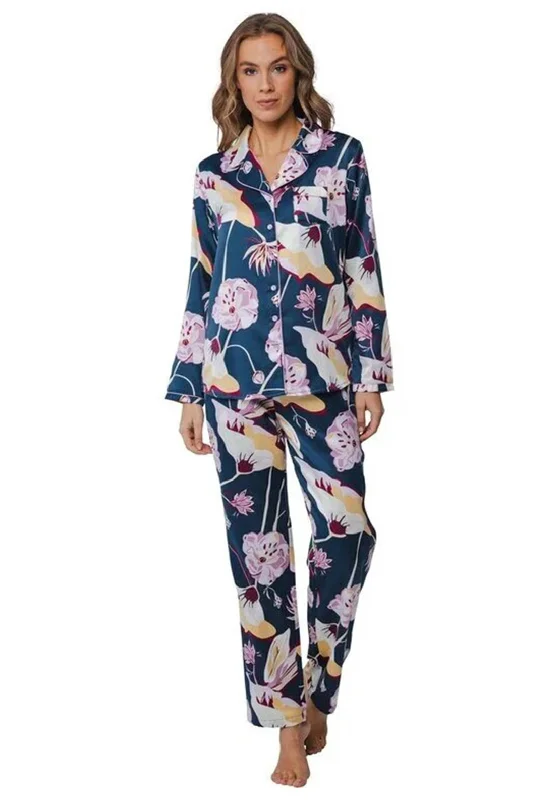 Pastunette Premium Floral Satin Mix Pyjama Set, Navy