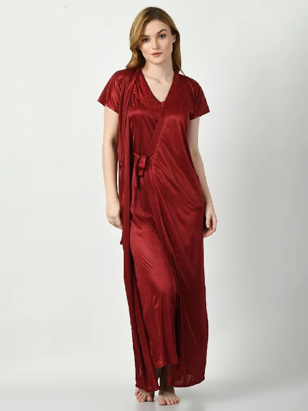 Women's Satin Maroon Nightdress - Legit Affair