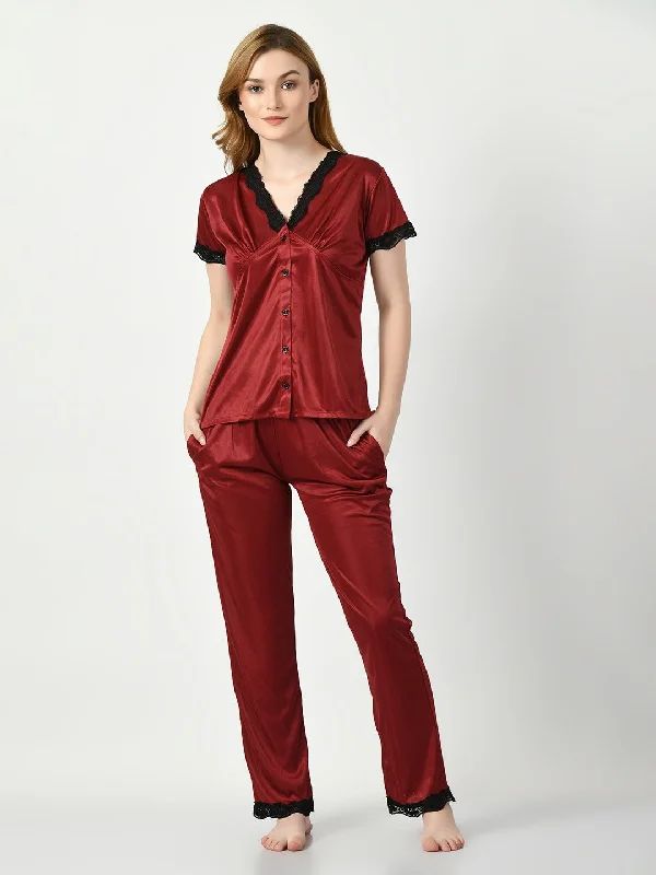 Women's Satin Maroon Nightdress - Legit Affair