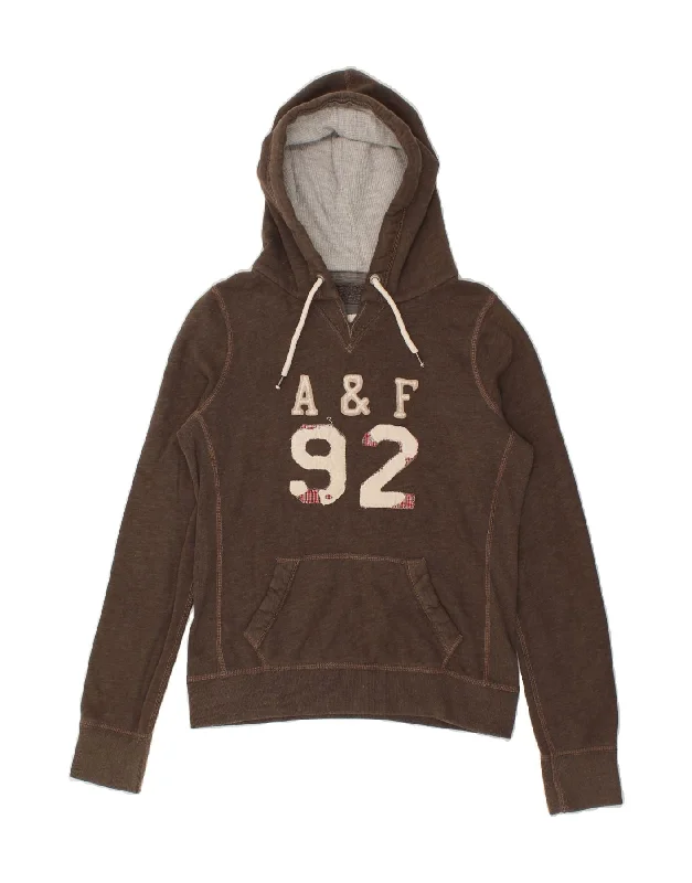 ABERCROMBIE & FITCH Womens Graphic Hoodie Jumper UK 14 Medium Brown Cotton