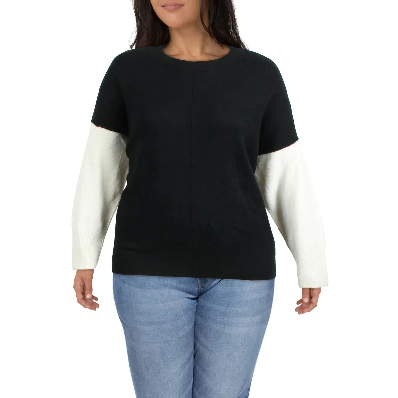 Plus Womens Heathered Colorblock Crewneck Sweater