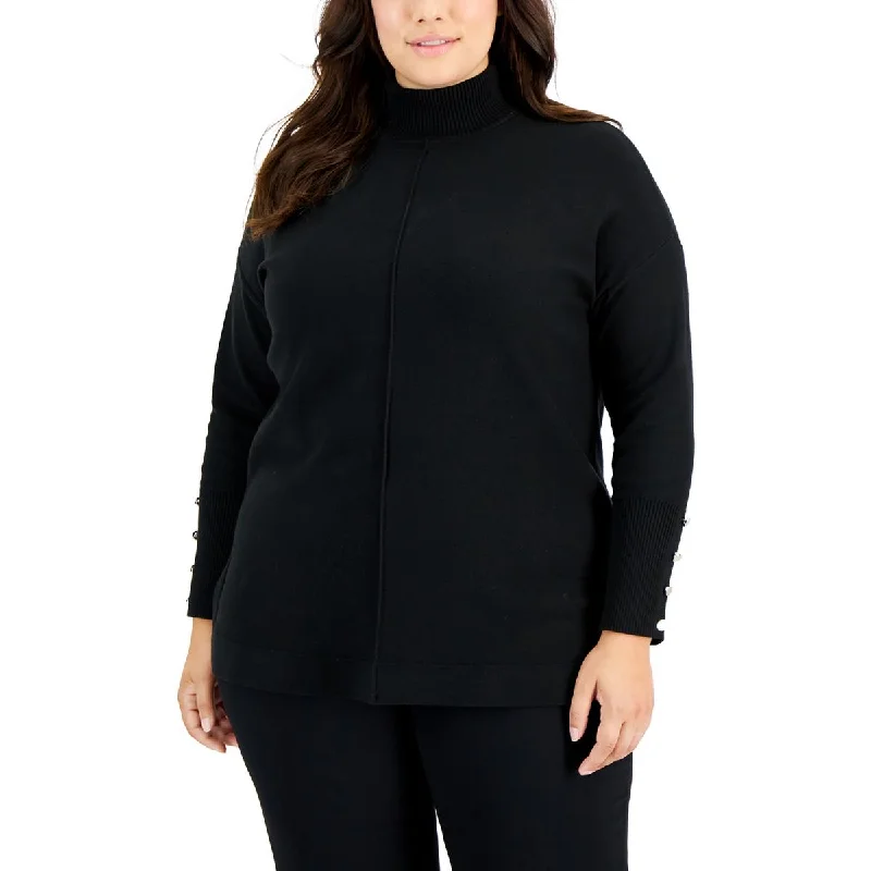 Plus Womens Embellished Ribbed Trim Mock Turtleneck Sweater