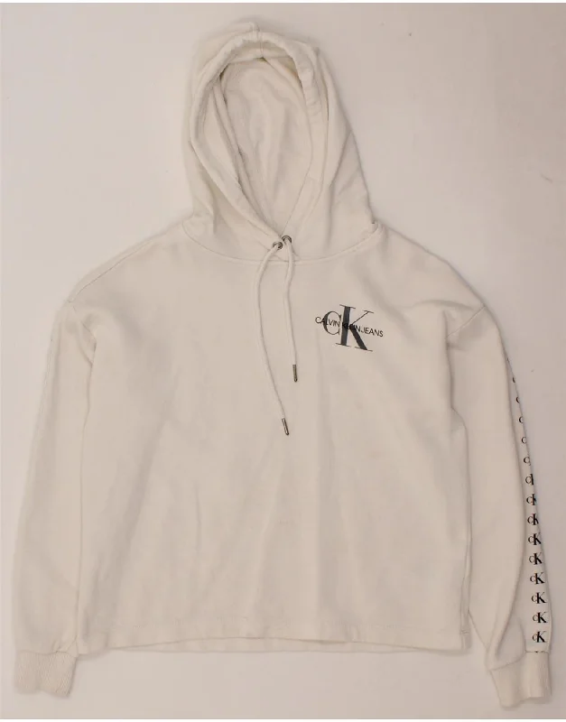 CALVIN KLEIN JEANS Womens Graphic Hoodie Jumper UK 10 Small Off White