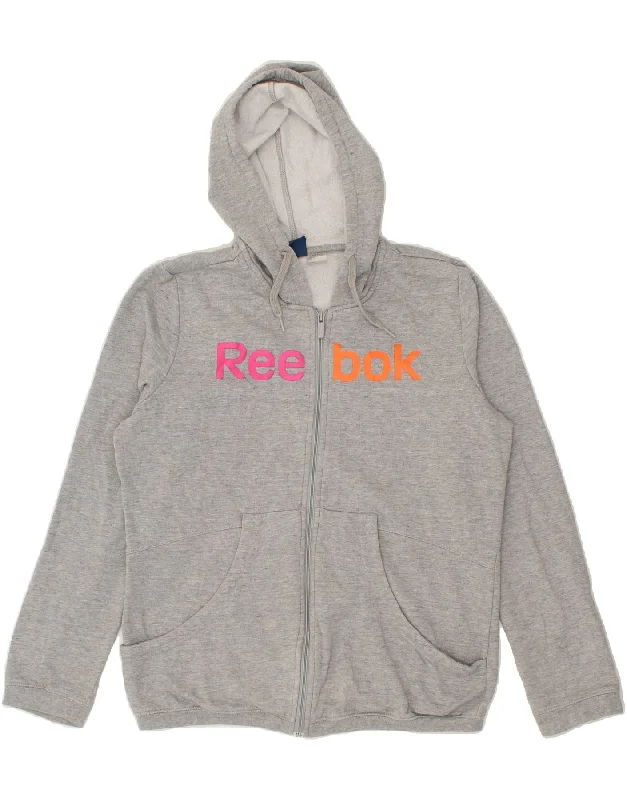 REEBOK Womens Graphic Zip Hoodie Sweater  UK 16/18 Large Grey Cotton