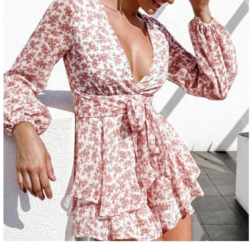 Floral Printed Long Sleeves V-Neck Mini Dress