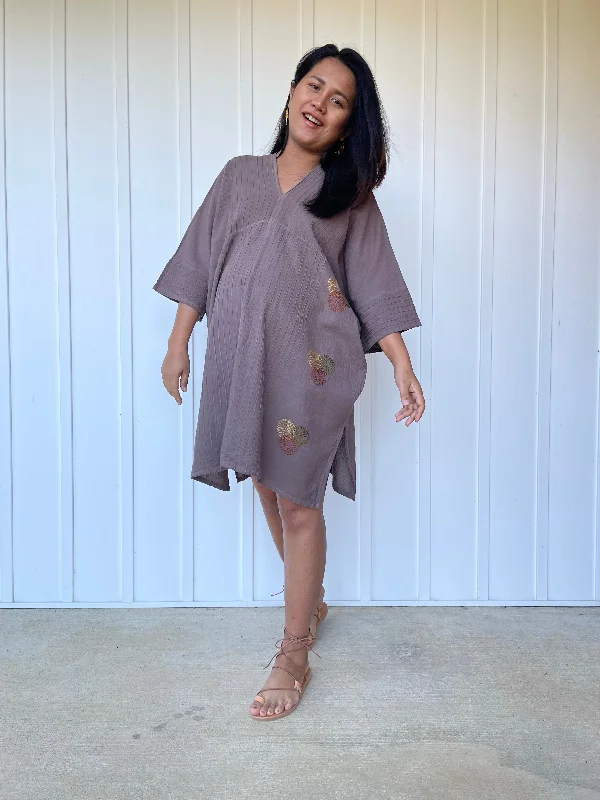 Miyu Mini Dress in Earthy Gray and Hand Embroidery