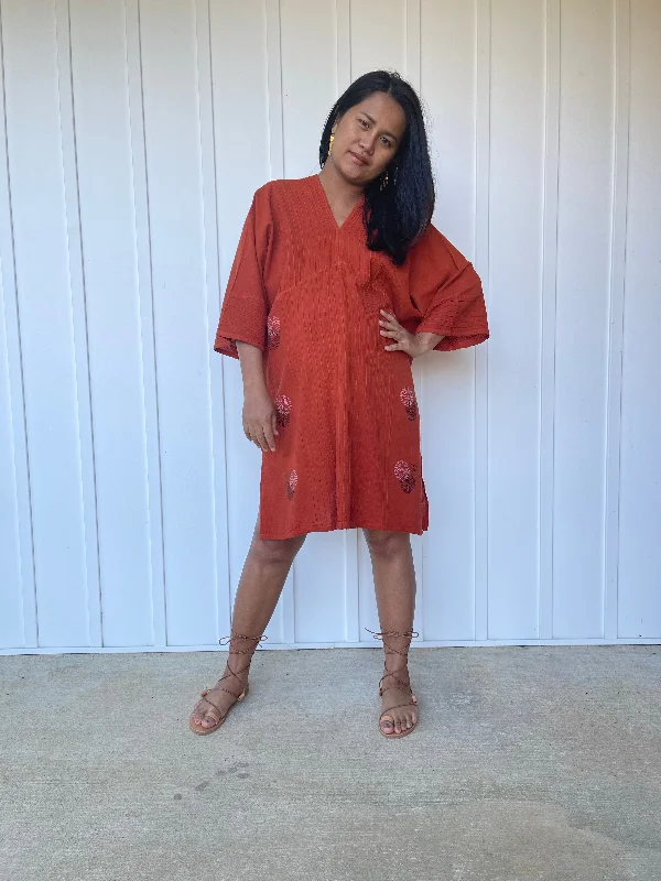 Miyu Mini Dress in Rust Orange and Hand Embroidery