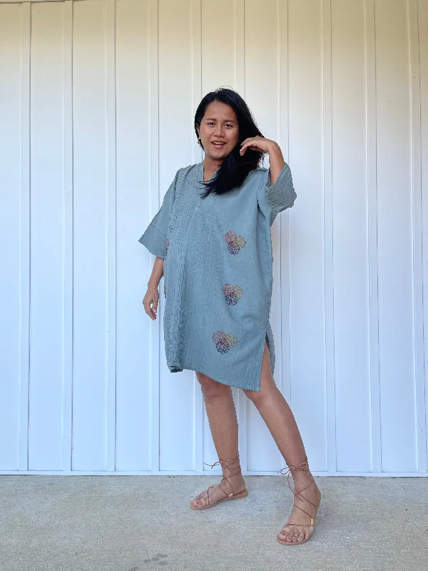 Miyu Mini Dress in Sage Gray and Hand Embroidery