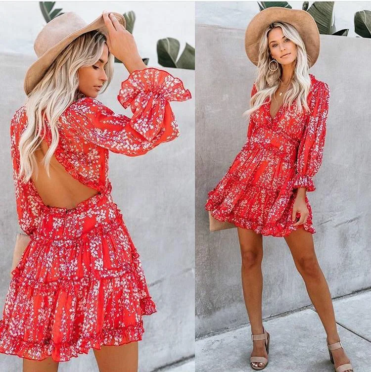 Sexy Backless Ruffled Short Beach Dresses