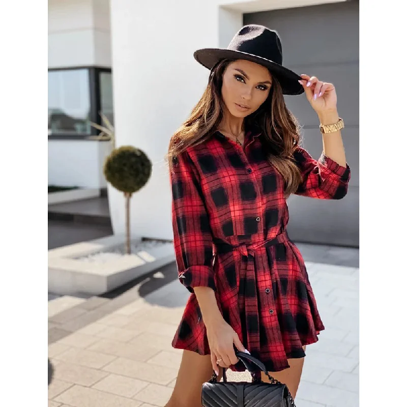 Women Plaid Design Fall Long Sleeves Shirt Dresses