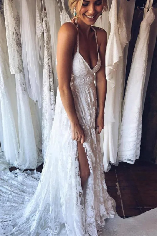 A-Line V-Neck Criss-Cross Straps Backless Court Train Lace Slit Beach Wedding Dress WK356