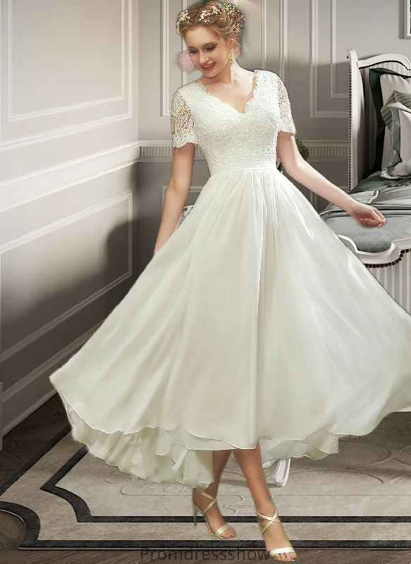 Brittany A-Line V-neck Asymmetrical Wedding Dress With Lace STKP0013712