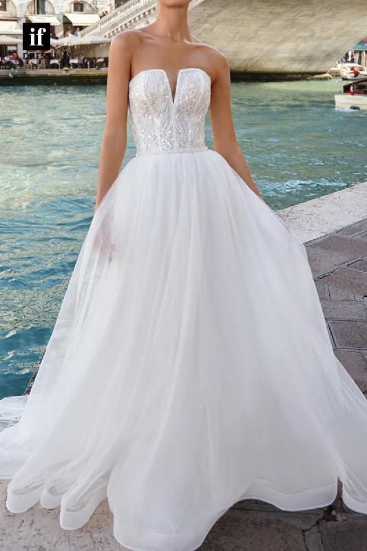 71082 - Classic Strapless A-Line Appliques V-Neck Beach Wedding Dress