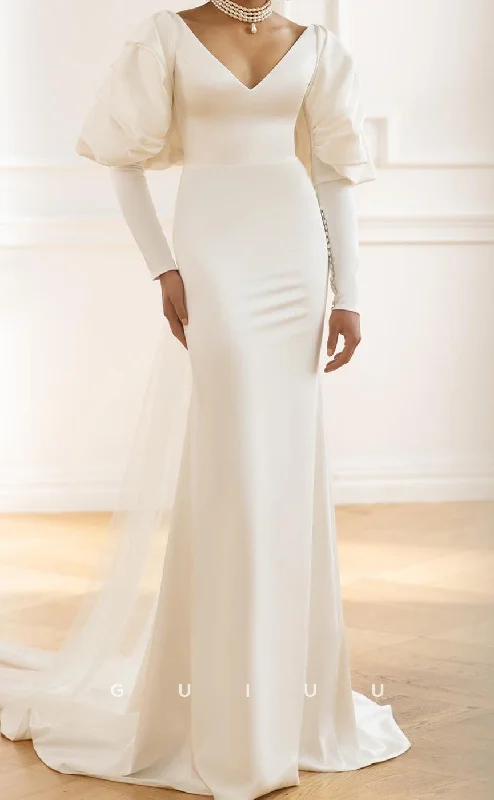 GW975 - Mermaid V Neck Long Sleeves Stain Wedding Dress with Train