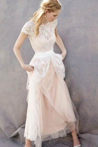 Lovely Blush Pink Tulle Lace Bridal Dress Cap Sleeves Sleeveless Wedding Dress WK35