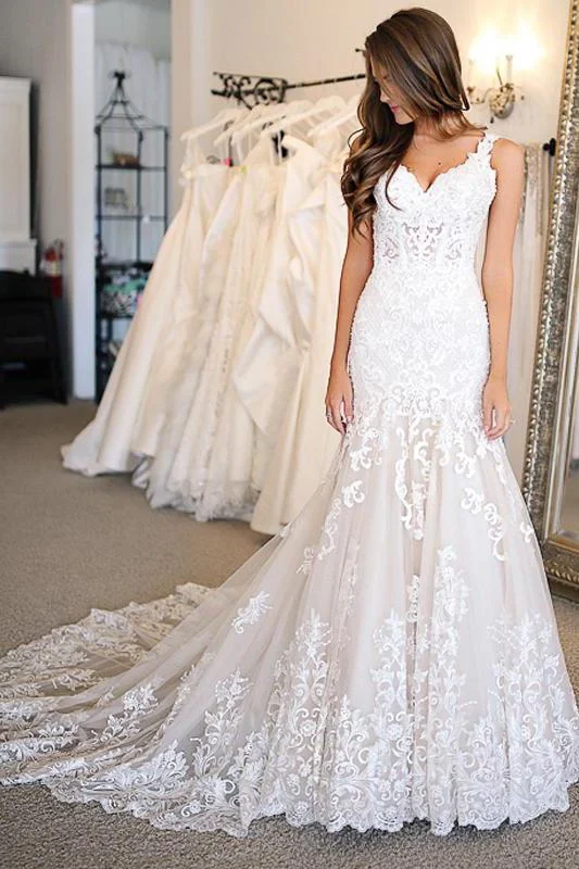 Mermaid Lace Applique Sweetheart Ivory Wedding Dresses Long Wedding Dresses WK945