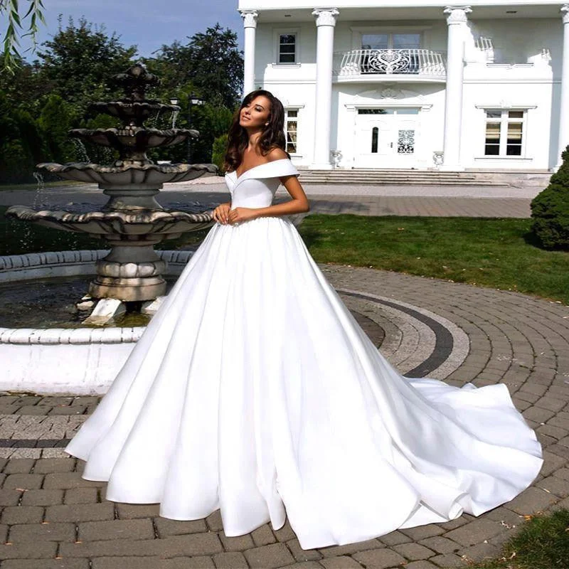 White Elegant Satin A-Line Wedding Dress With Folden V-Neckline