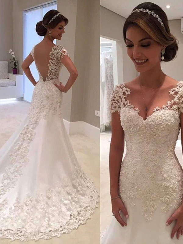 Trumpet/Mermaid Short Sleeves Sweetheart Sweep/Brush Train Lace Wedding Dresses TPP0006043