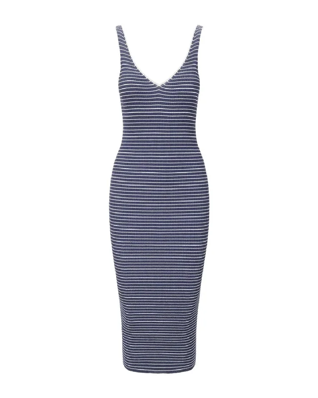 STAUD Women's Dana Navy White Micro Stripe Sleeveless Knit Midi Dress