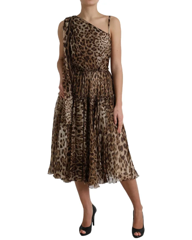 Dolce & Gabbana Leopard Print Silk Ruffled Midi Dress