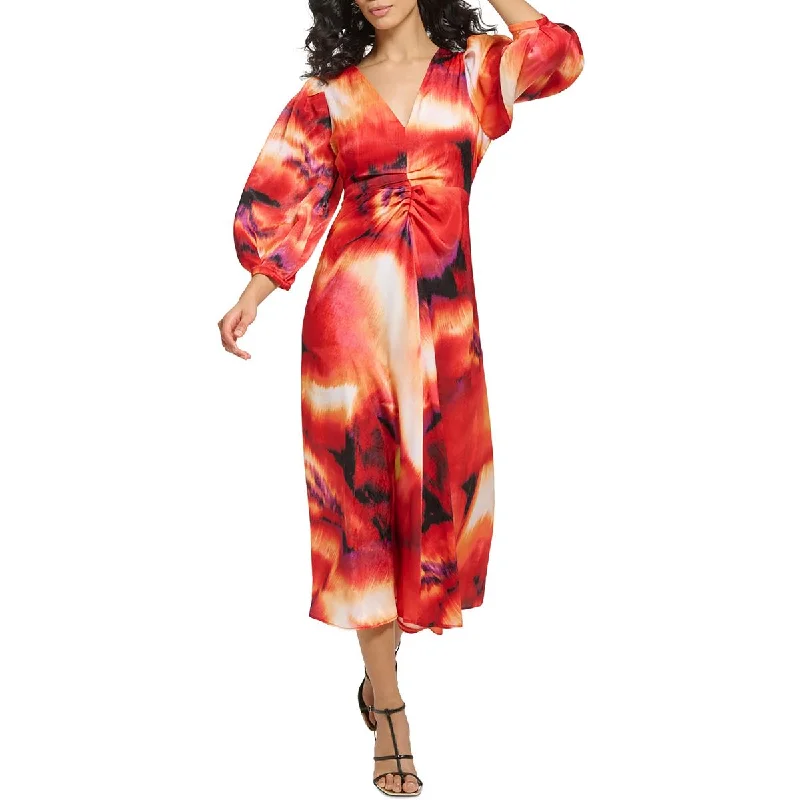 Womens Printed Puff Sleeves Midi Dress