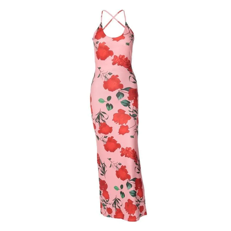 Flower print u neck cross back backless cami midi dress