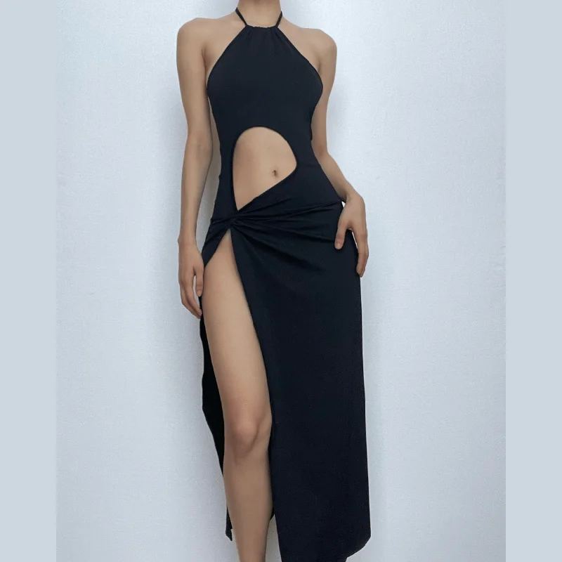 Hollow out solid halter backless slit ruched cut out midi dress