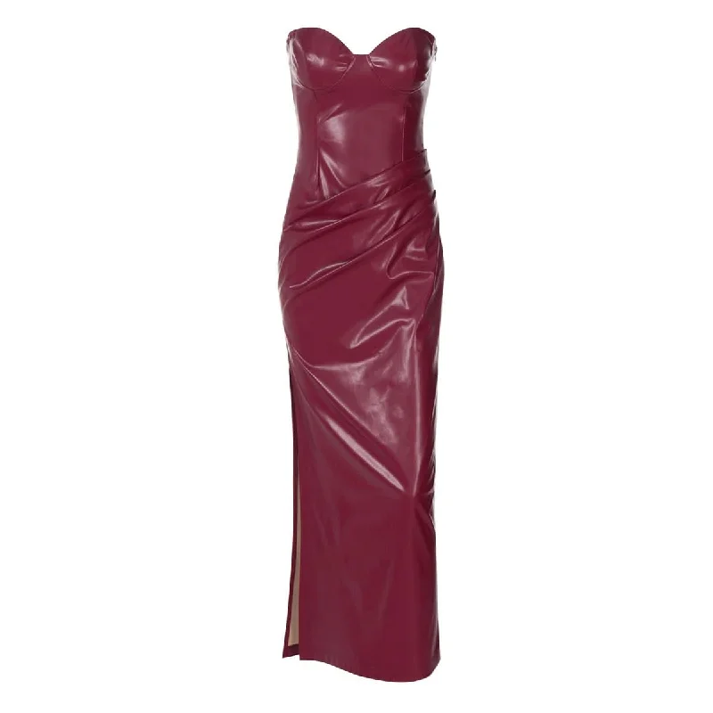 Slit zip-up PU leather pleated tube midi dress