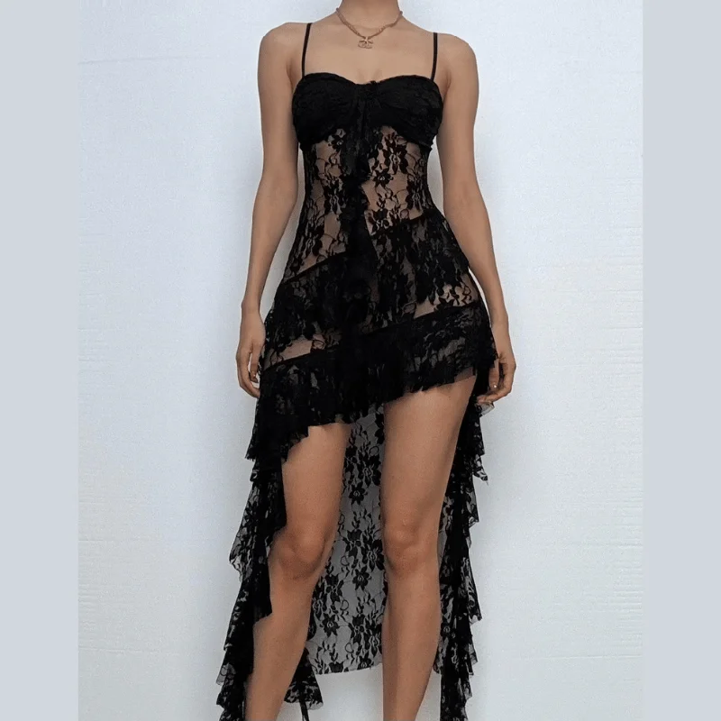 Sweetheart neck lace ruffle see through cami midi dress