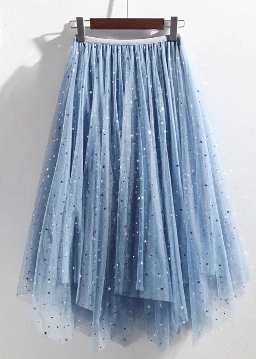 Chic Light Blue Elastic Waist Sequins Tulle A Line Skirts Summer