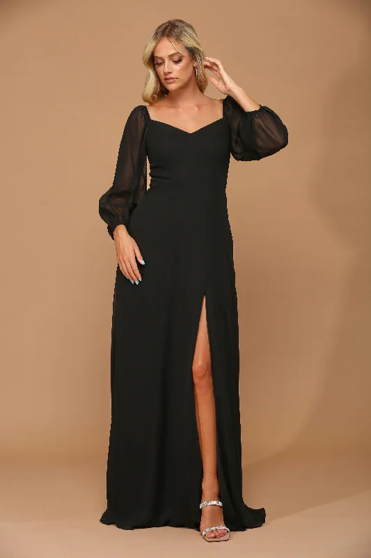 Black L Long Sleeve Formal Chiffon Dress Sale