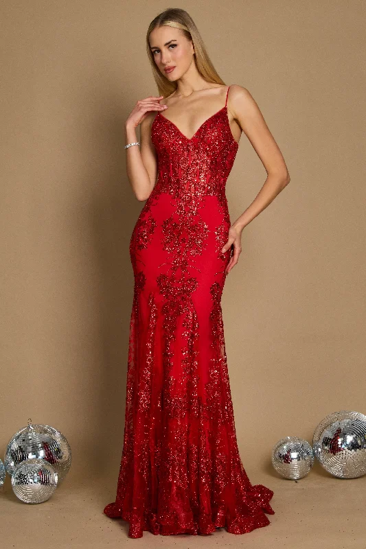 Dylan & Davids Fitted Corset Long Formal Prom Dress Red