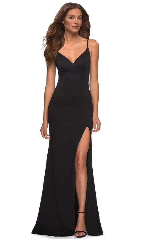 La Femme - 30072 Spaghetti Strap High Slit Gown