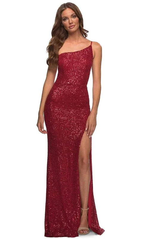 La Femme - 30391 Sequined Asymmetrical Gown with Slit