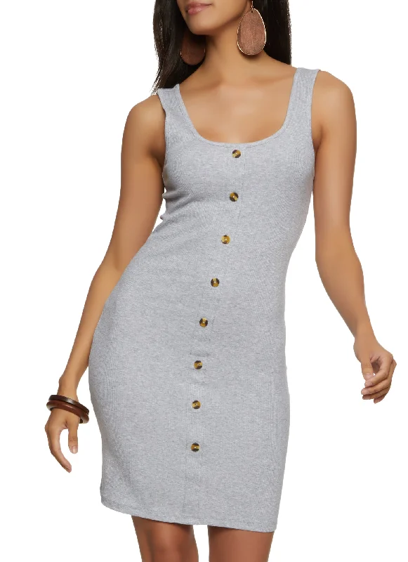 Rib Knit Scoop Neck Button Detail Tank Dress