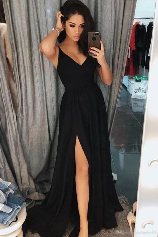 A Line Black Spaghetti Strap V Neck Prom Dresses with Side Slit N1597