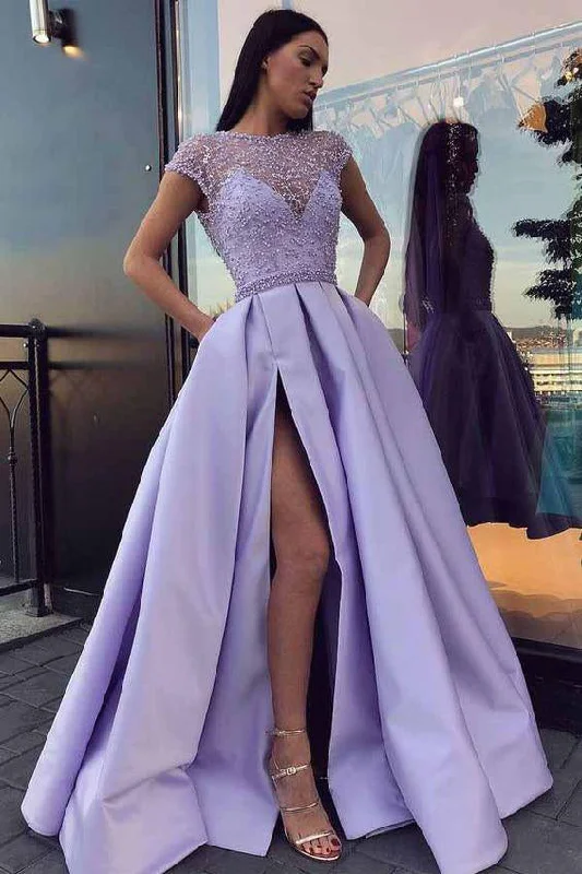 A-Line Cap Sleeves Satin Prom Dresses with Side Split N1455