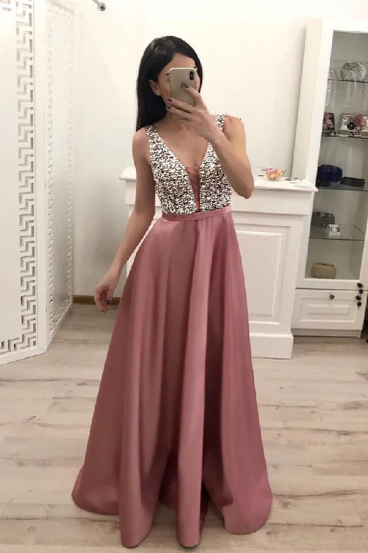 Sparkly A-Line V-Neck Satin Beading Backless Prom Dress N1524