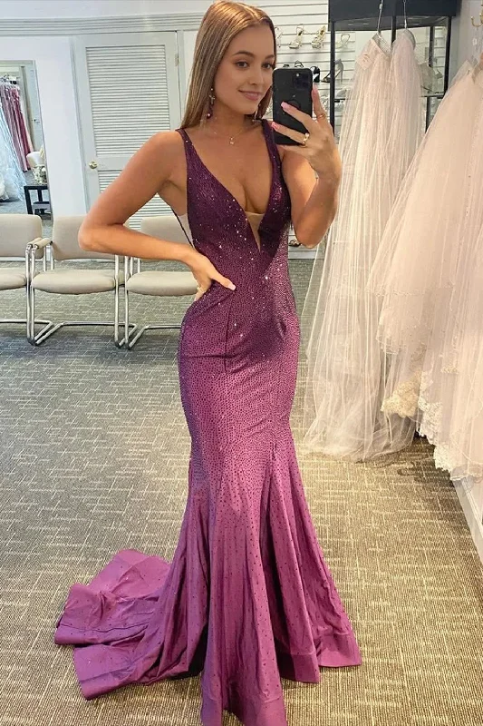 Beading V-neck Purple Mermaid Prom Dress